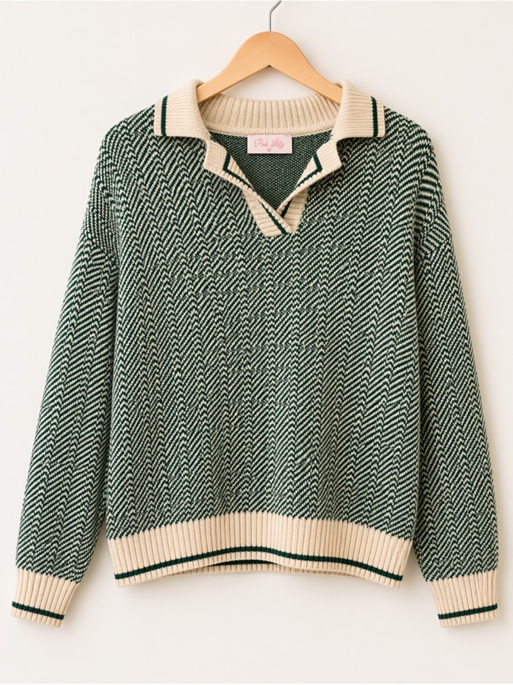 Pink Lily Green Collared Knit Sweater Preppy Textured Pullover Cream Trim Size M